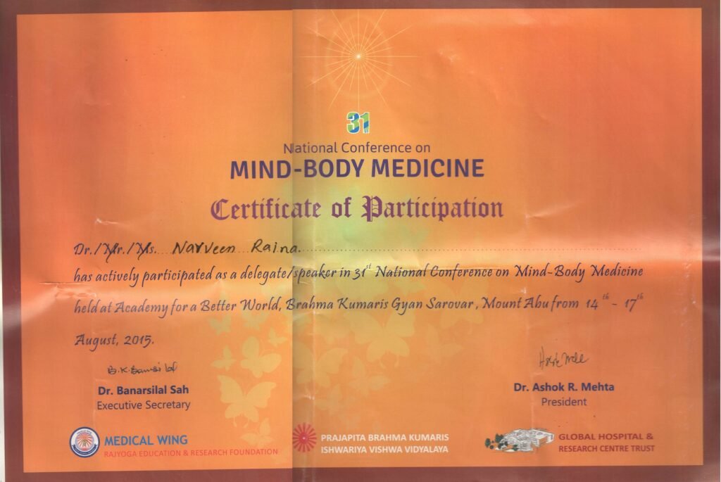Brahma Kumaris Ishwariya Vishwa Vidyalaya, National Conference on Mind-Body Medicine, Dr. Naveen Raina, August 2015
