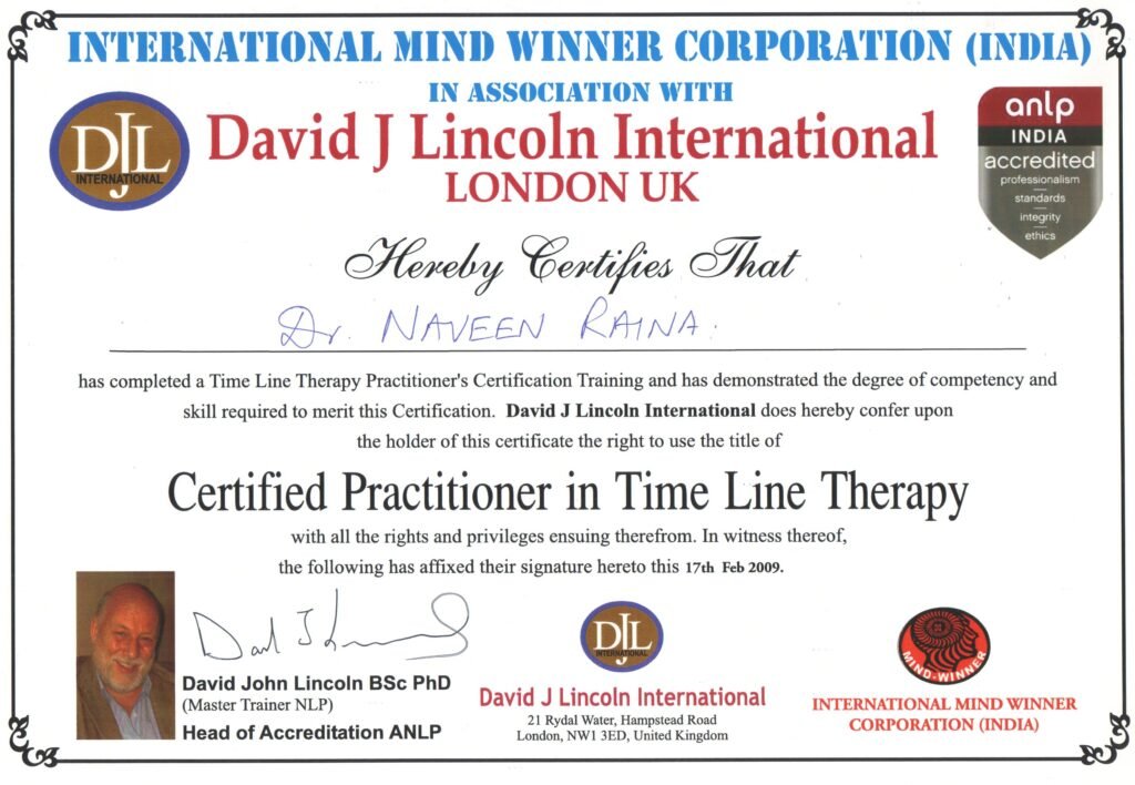 David J Lincoln International, London UK, Certified Practitioner in Time Line Therapy, 17 Feb 2009, Dr. Naveen Raina