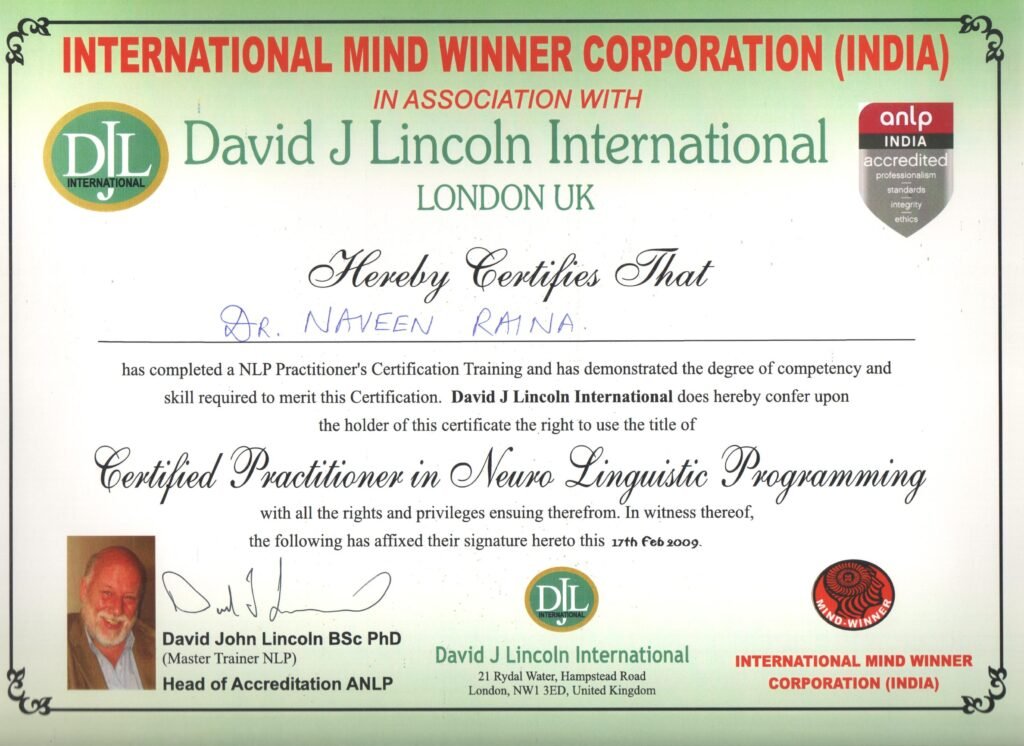 David J Lincoln International, London UK, certified practitioner in neuro linguistic programming, 17 Feb 2009, Dr. Naveen Raina