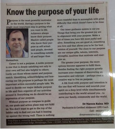 Pune Pulse, Newspaper, mypunepulse dot com, publication, Know the purpose of your life, Dr. Naveen Raina
