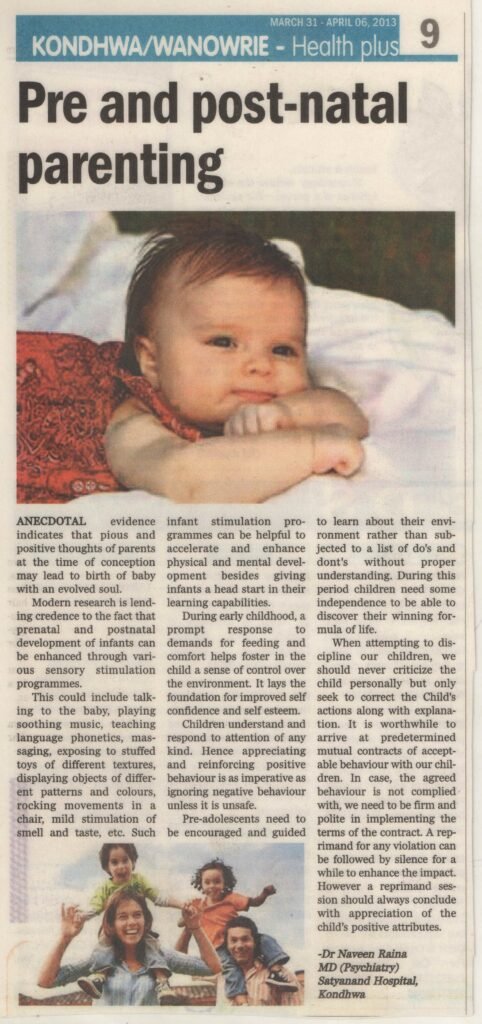 march 31 - April 6, 2013, Health Plus, Newspaper, Publication, Dr. Naveen Raina, Pre and post-natal parenting