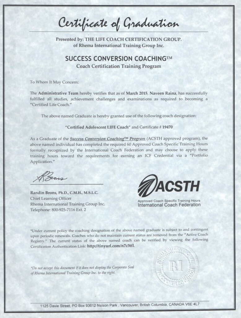 Rhema International Training Group Inc. ACSTH, International Coaching Federation, certified adolescent life coach, March 2015, Certificate 19470